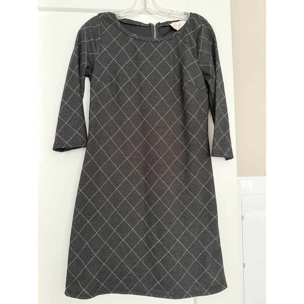 Skies Are Blue Black Gold Metallic Diamond Grid Shimmer Shift Dress 3/4 Sleeve